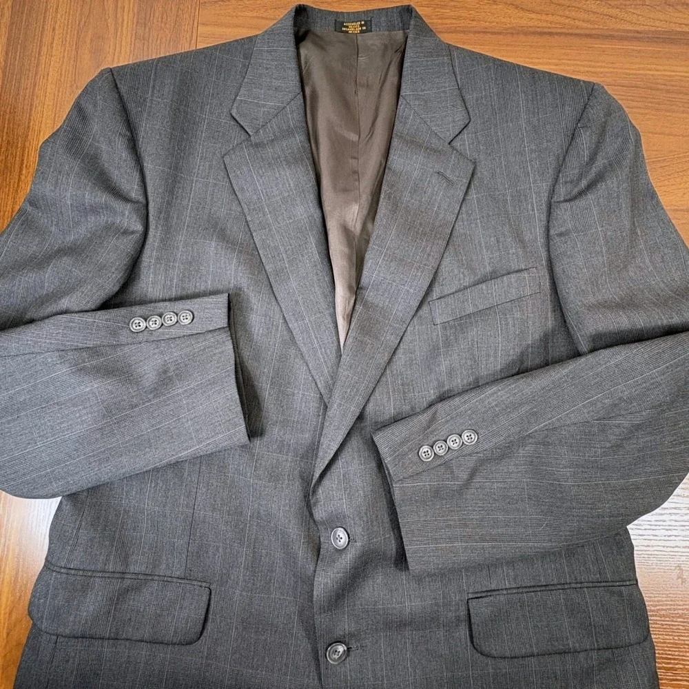 Stafford 2-Piece Suit 46L 40x30 Gray Pleated Glen Plaid Wool Blend Old Money